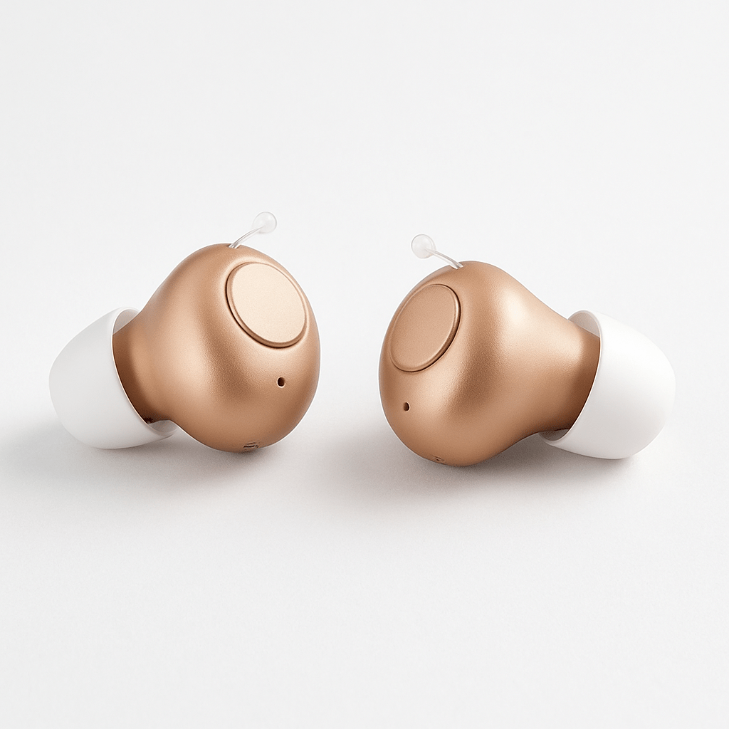 Pair of wireless hearing aids on a white background