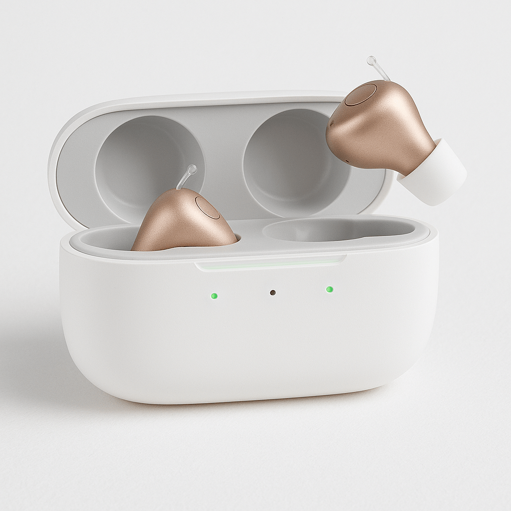 Wireless hearing aids with charging case on a light gray background