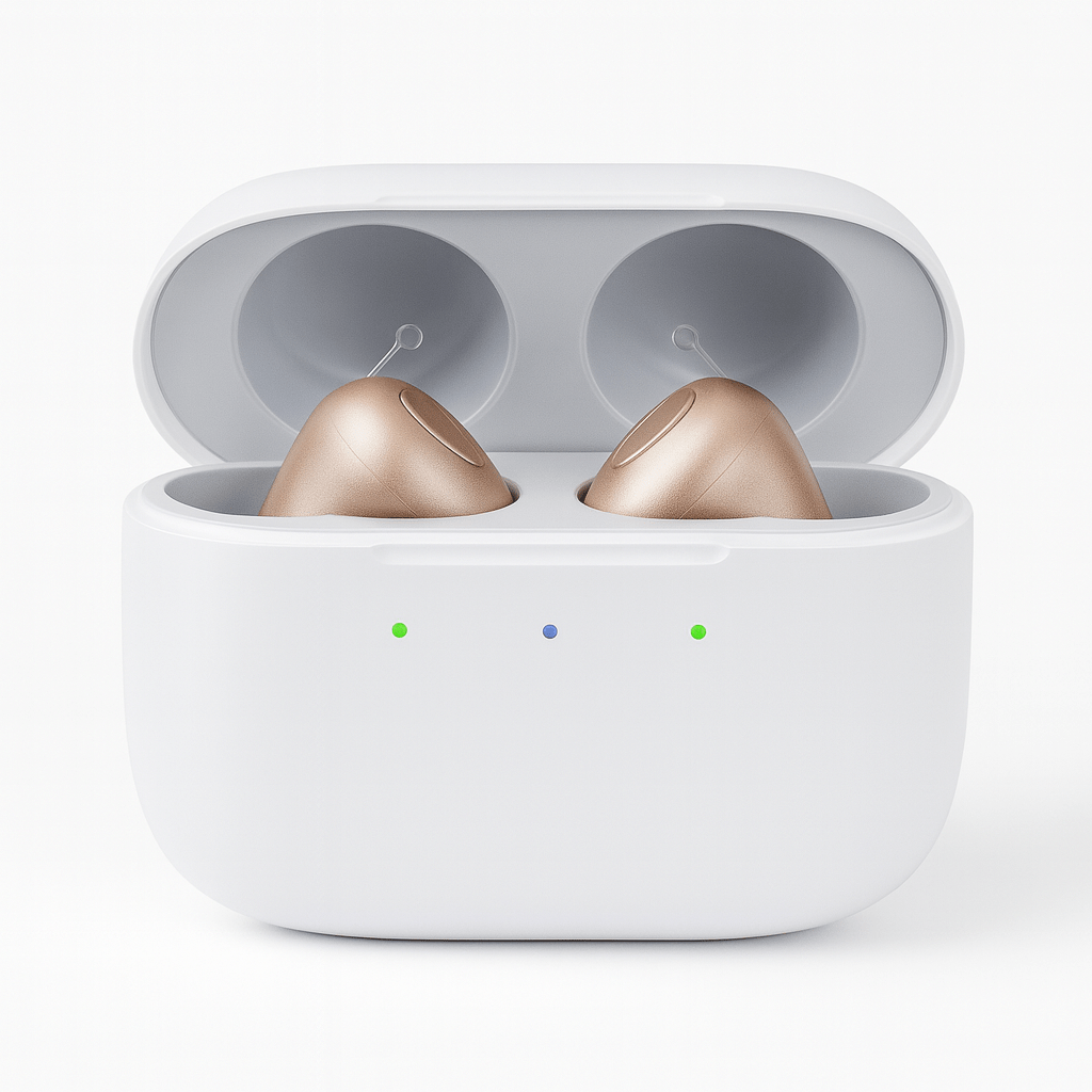 wireless hearing aids in a white charging case on a light gray background