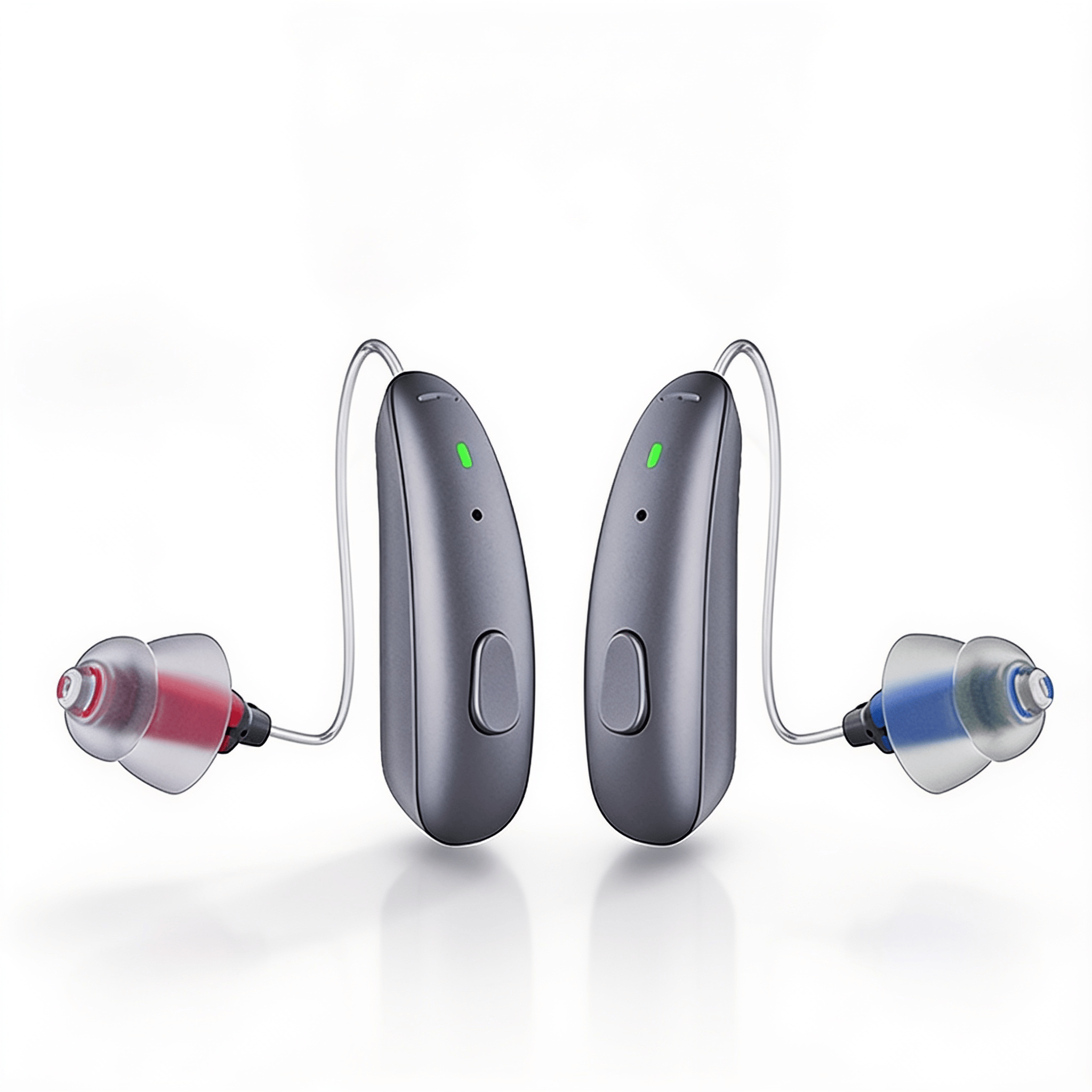Nova Pro rechargeable receiver-in-canal hearing aids, charcoal pair, front view