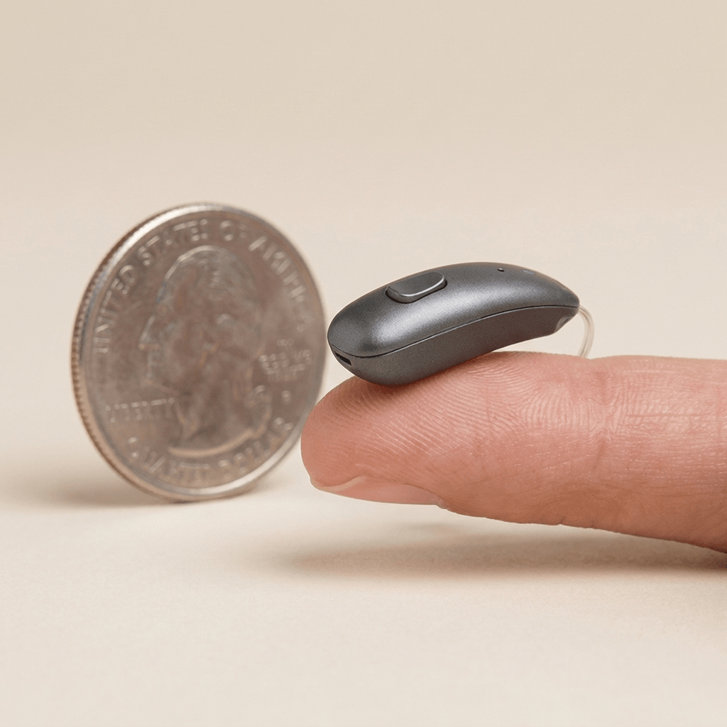 Nova Pro hearing aid resting on a fingertip next to a coin, showing its small discreet size