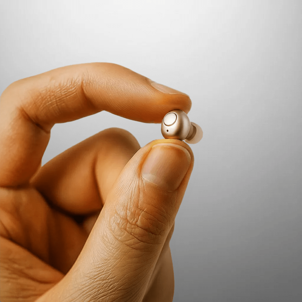 Nova hearing aid held between fingers showing compact size