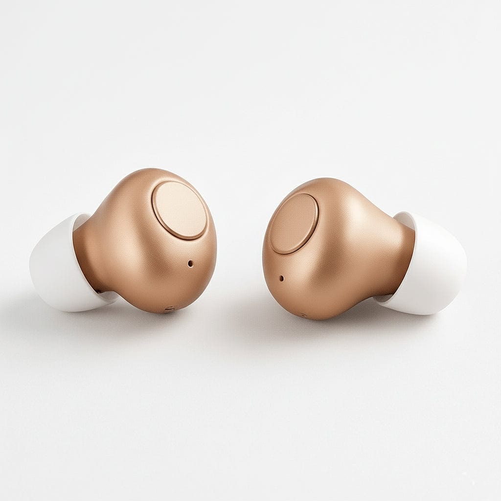 Pair of Nova OTC hearing aids displayed on white background