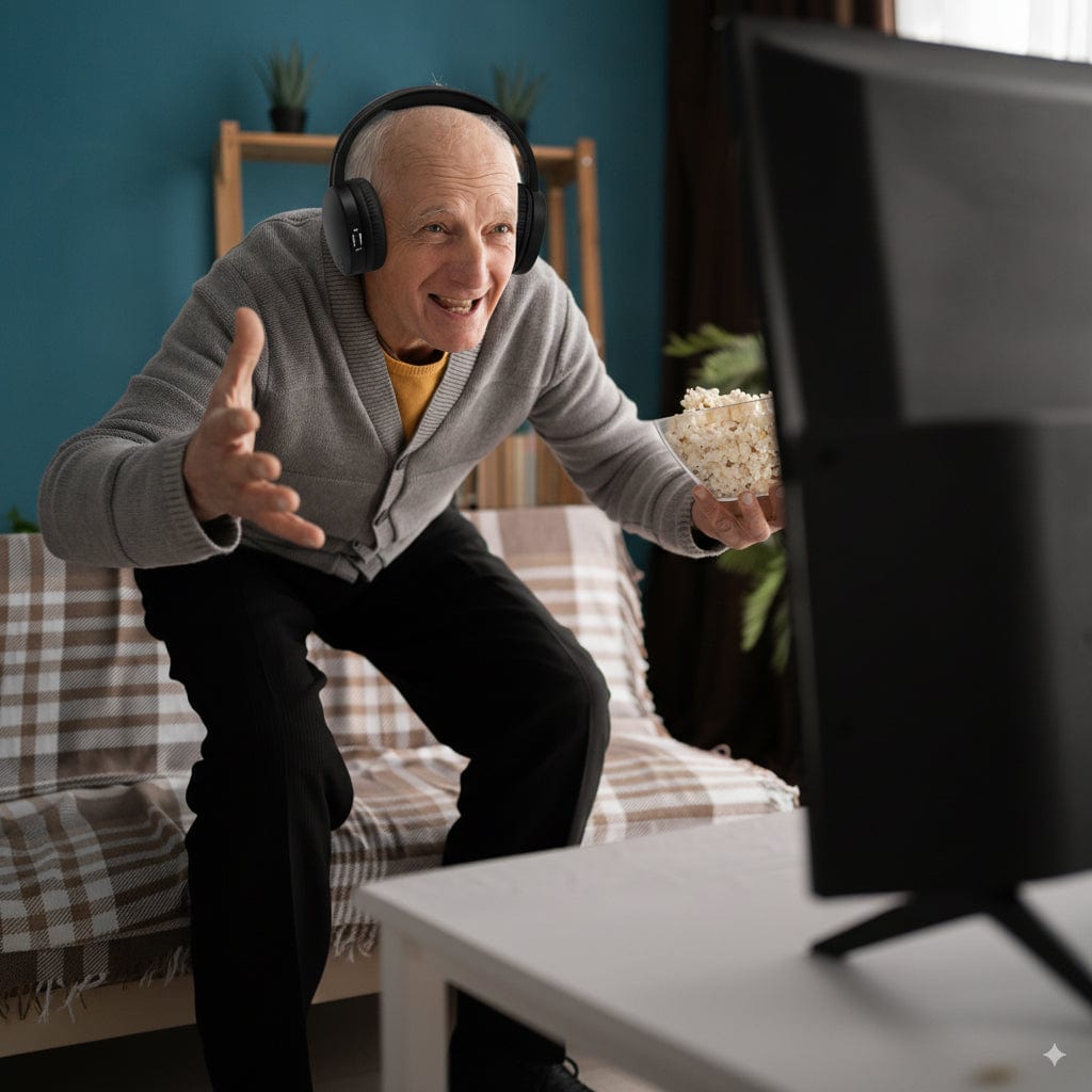 Senior man enjoying television using hearing aid TV headset