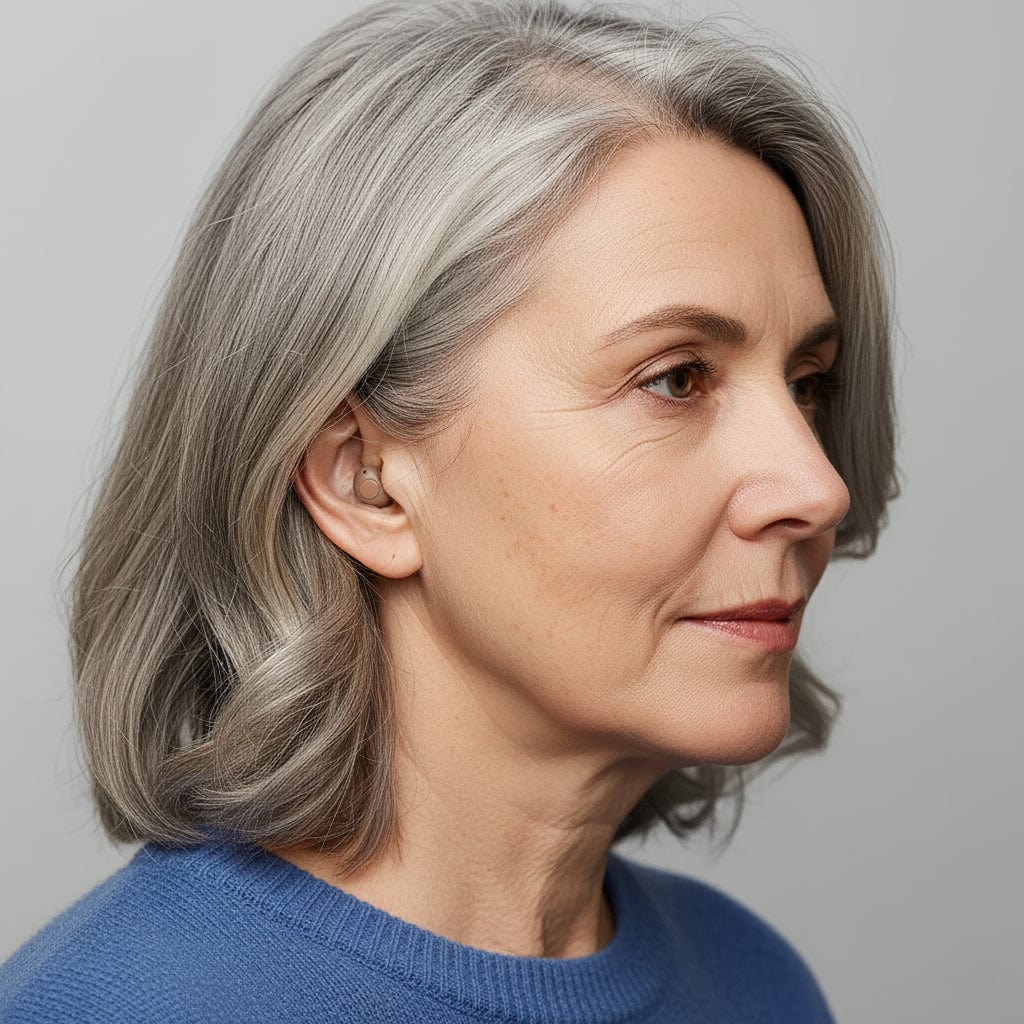 Woman wearing discreet Nova hearing aid in ear profile