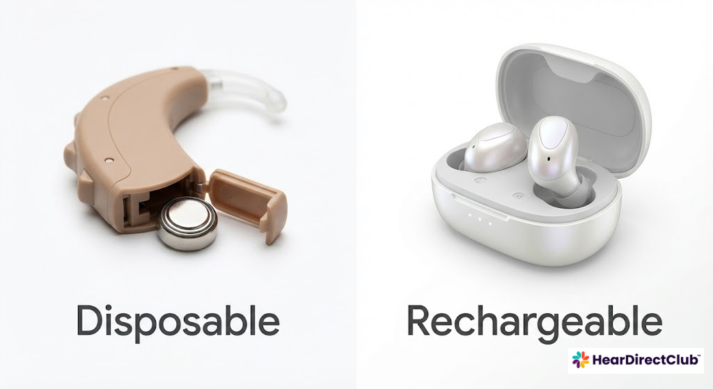 Side-by-side comparison of a disposable hearing aid with a battery and a pair of modern rechargeable hearing aids in a charging case.