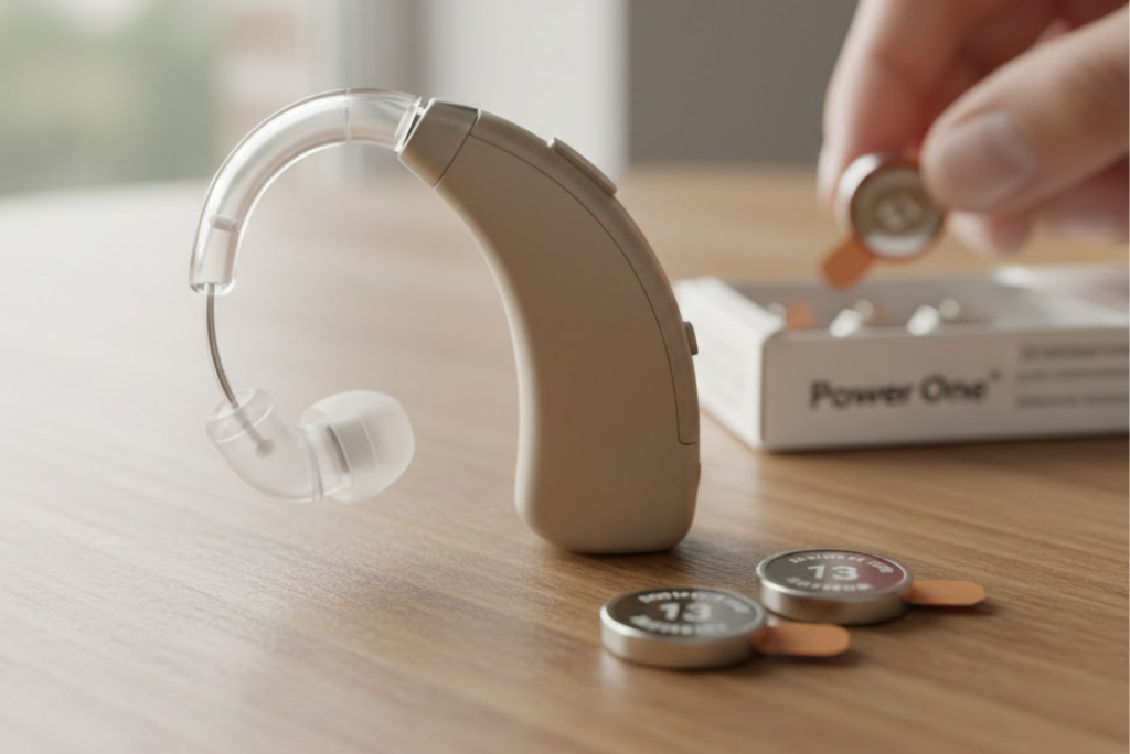 Hearing aid and battery placed on a table