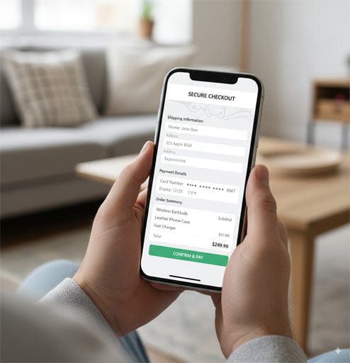 Person holding a smartphone showing a secure checkout screen with shipping and payment details during an online purchase at home