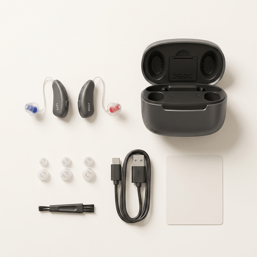 What is in the box: Nova Pro hearing aids pair, 3-in-1 charging case, ear domes, cleaning brush, USB-C cable, quick-start card