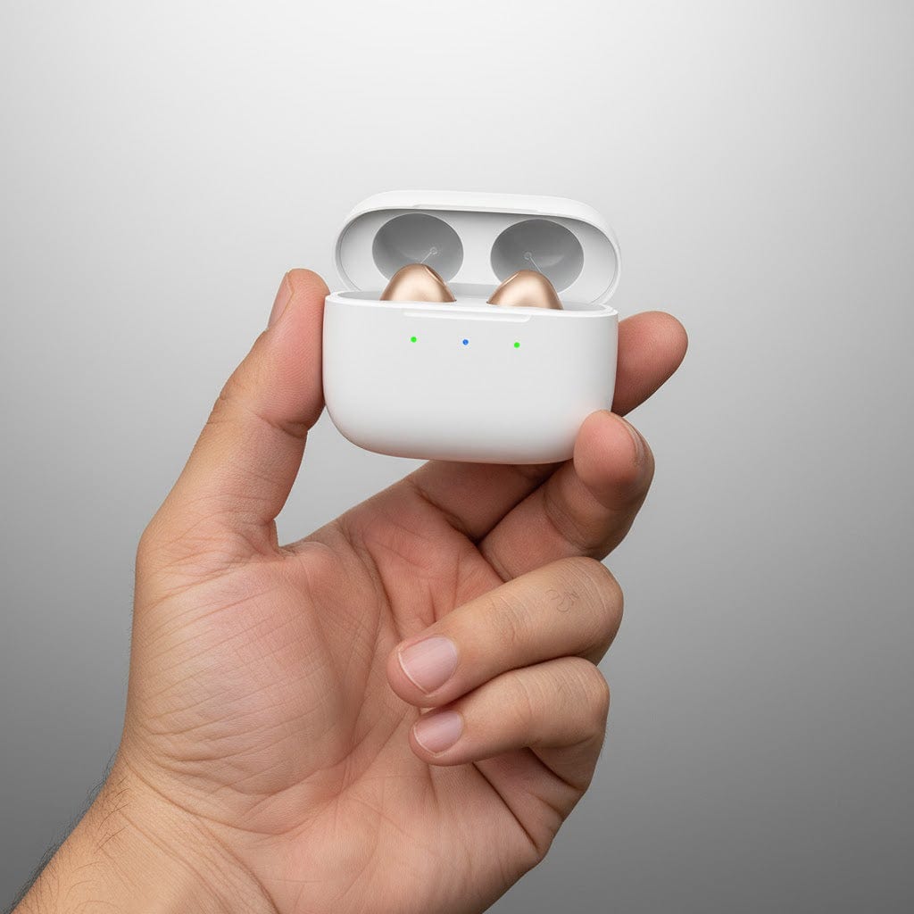 Hand holding Nova hearing aids inside portable charging case
