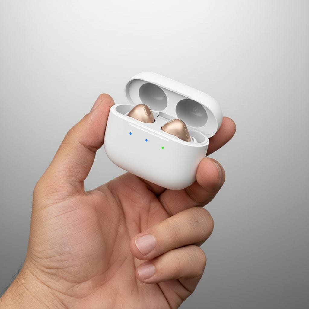 Hand holding Nova hearing aids inside charging case